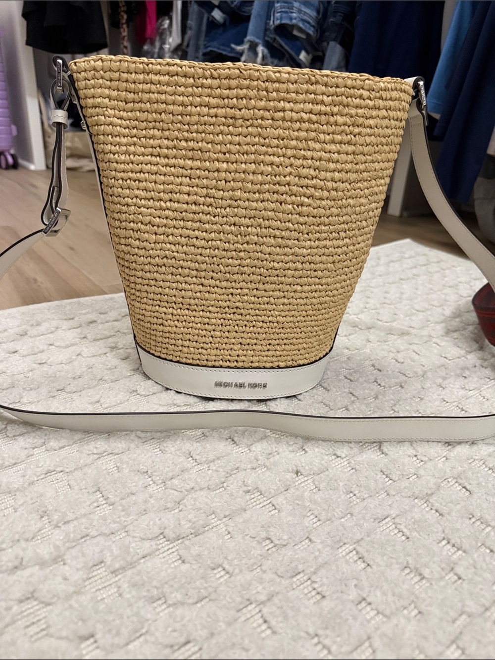 Michael Kors Natural Straw Bucket Crossbody with White Trim